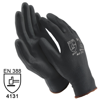 Nylon Handschuhe Arbeitshandschuhe mit PU Beschichtung EN388 - Art. 3702 Schwarz - Gr. 10 / XL - 1 Paar - 0